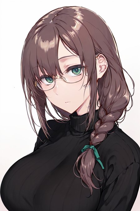 {{amazing quality, best quality, high quality, very aesthetic}}, 1girl, solo, looking at viewer, simple background, brown hair, single braid, green eyes, glasses, large breasts, black sweater, turtleneck, expressionless
 <lora:Iida-Pochi_Style:1>