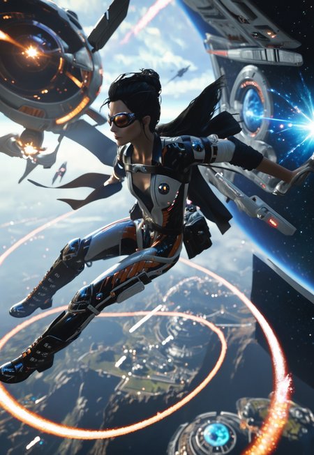 score_9, score_8_up, score_7_up, d4rkc0urs3r, power suit, chest harness, utility belt, belt boots, goggles, flying in open space, girl star light, lasers on background, star wars, cosmos, mystical futuristic, high resolustion, deep black, Jed-Cosmos