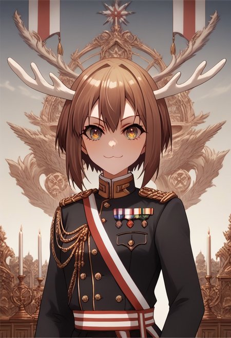 score_9, score_8_up, score_7_up, score_6_up, score_5_up, score_4_up, detailed eyes, detailed skin, source_anime, source_anime, masterpeice, best quality, very aesthetic, absurdres, BREAK, 
<lora:noko.pony:1>,
noko, <lora:IJAuniformXLv1:1> ,cowboy shot,upper body,court uniform,black uniform,austrian knots sleeve,small breasts,narrow waist,evil smile,light smile,indoors,palace,courtroom, japanese flag in background,
