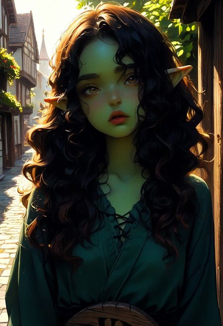 score_9, score_8_up, score_7_up, 1girl, goblin, dark green skin,  solo female focus, large pointed ears. skinny, wild red hair, long hair, loose curly hair, green skin, freckles, Freckled ass, beautiful yellow eyes, small breasts, brown loin cloth, chest wrap. Pouting lips. Blushing, cute pout, expression. Holding wooden sign, "starving goblin  need buzz" messy writing. Looking up at viewer.
Medieval town street. Bright sunny day