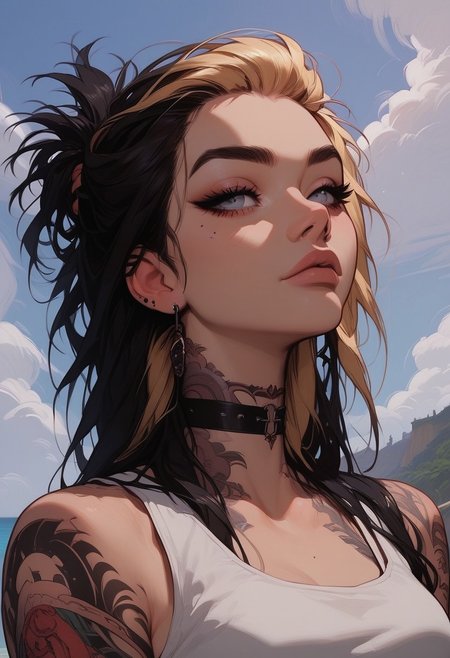 Score_9, Score8_up, Score_7_up, (((High Resolution, Best Quality))), 
1girl, solo, Covered in Tattoos, her hand on her head, brushing hair behind ear, black hair, blonde streak in hair, 
Tanktop, cutoff, choker, 
On a Cliff overlooking a beach, Cloudy Sky,