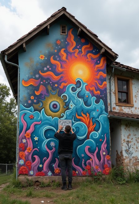 A street artist creates a masterpiece on the wall of an old dilapidated house.