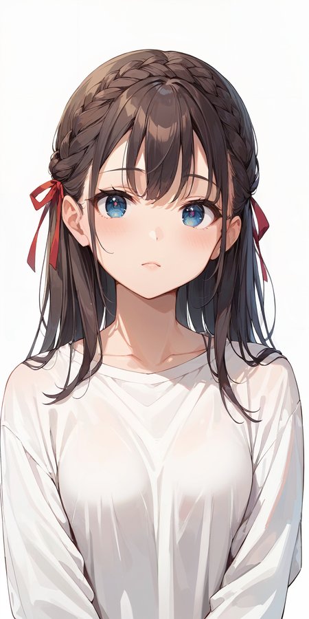 score_9, score_8_up, score_7_up,source_anime, high res image,masterpiece,best quality,girl,cute face,clear skin,shiny hair,ultra detailed eyes,simple background,   <lora:half up braid_pony_V1.0:1> half up braid,ribbon