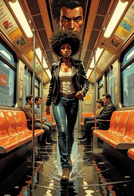 Comic book style 8k high quality digital painting , masterpiece, very detailed, ultra realistic, (best quality) very detailed epic masterpiece, image of the interior of a surface transport bus, captured in a warm, golden hue that gives the scene a nostalgic and slightly vintage feel. front view of a slim adult black woman, Afro Hairdo, Black leather jacket white tank top t-shirt and jeans, running fast across low water towards the camera, She is running very fast in low water towards the viewer. The bus features a sleek, modern design with polished stainless steel walls and ceilings. The floor is a dark, reflective black material that mirrors the light fixtures and the passengers' reflections. The seats are bright orange plastic, with a smooth, glossy finish, and are arranged in rows along the walls. Each seat has a backrest and a handrail for support. The windows are large and rectangular, allowing natural light to flood the car. Some people is sitting in the background.
On the walls, there are advertisements and informational posters. The ceiling is lined with fluorescent lights, casting a soft, even glow throughout the car. The photograph captures the everyday experience of riding public transportation, emphasizing the practicality and functionality of the city transport's design, fna_style, Comic book style