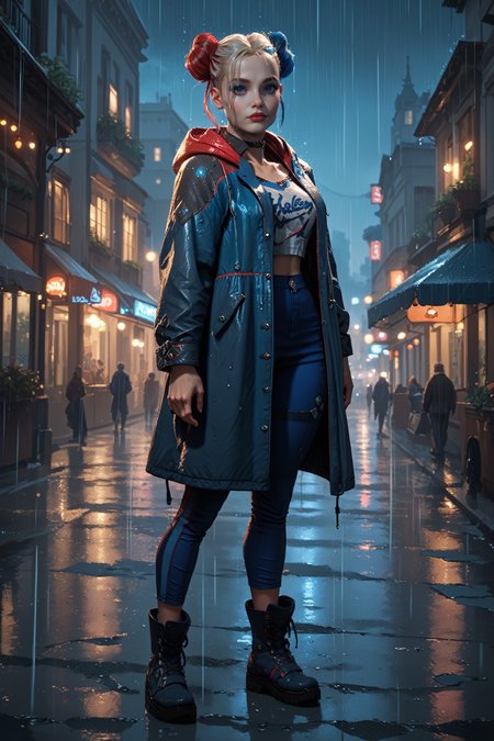 score_9, score_8_up, score_7_up, score_6_up
<lora:SQHarleyQ:0.8>
SQHarleyQ, 1girl, blue eyes, multicolored hair, twin buns, make up, looking at viewer, standing, full body, rain, at night, cityscape