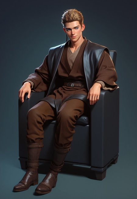score_9,score_8_up,score_7_up,score_6_up, 1boy, boy,(handsome, cute) solo, blue eyes, blond hair, sitting on chair, smug,, very short hair,(muscular body:0.7)), Sci-fi Environments, Sci-fi chair, jedi robe, 1boy, male focus, full body,  jedi robe, belt, brown clothes, robe, coat, Coruscant