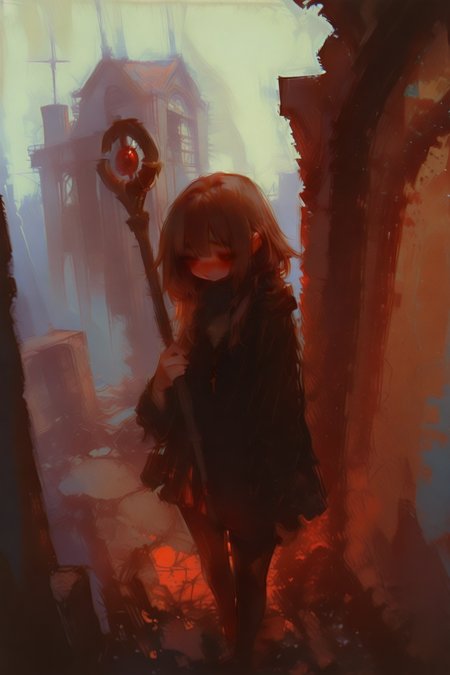 masterpiece, best quality, very aesthetic, dynamic composition, , Street level shot,Bird's-eye view,shy expression,Standing, 1girl, megumin, brown_hair, holding_staff, ruins, solo, building, outdoors, standing, post-apocalypse, facing away, pantyhose, city, sketch, traditional media, abstract, abstract background, painting \(medium\), no lineart