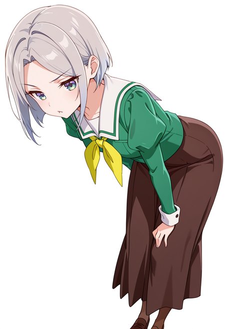 masterpiece,high quality details,absurdres, 
 <lora:Nishidera_Nene:0.8>
nene_cnr, 1girl, grey hair, short hair, 
nene_s2,green shirt, white sailor collar, serafuku,long skirt,black-brown skirt, juliet sleeves,pantyhose, loafers,, simple background, white background, dutch angle,solo,, diamond mouth,