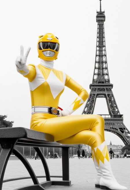 female yellow power ranger, morphed, helmet, uniform, white gloves belt, holstered weapon, relaxed, sat on bench in front of single Eiffel Tower in Paris, summer day, legs crossed, making V-sign with both hands, facing camera, hyperdetailed photography