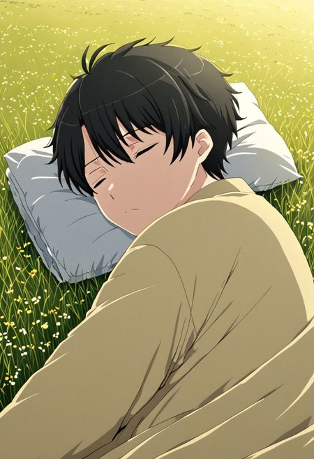 high resolution, solo, best quality, 1Boy, Inaho Kaizuka, Black Hair, sleep, meadow hills, wind breeze, OverallDetail