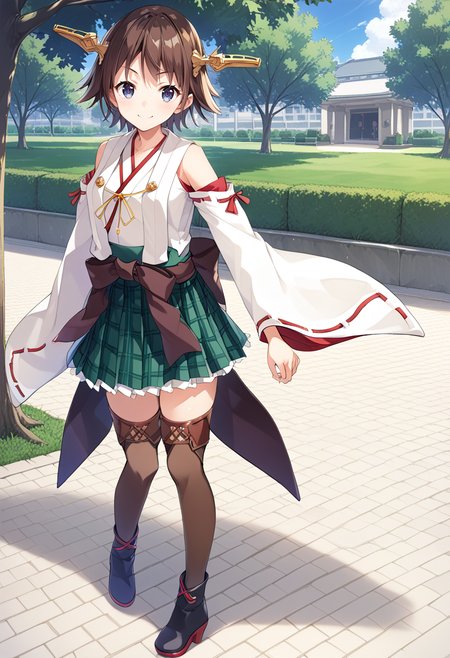 1girl, standing, full body, park,  <lora:KC_05BB_hiei_ponyv2:1> hieikc, brown_hair, headgear, short hair, flipped hair, blue eyes,         hieidefkc, nontraditional_miko, bare shoulders, detached sleeves, wide sleeves, ribbon-trimmed sleeves, white sleeves, plaid skirt, green skirt, pleated skirt, frilled skirt, brown thighhighs, black boots,, score_9,score_8_up, score_7_up, source_anime, masterpiece, best quality,  official art, official style, game cg, megami magazine, rating_safe, rating_questionable, <lora:Fixhands_anime_bdsqlsz_V1:0.75>, NEGATIVE_HANDS
