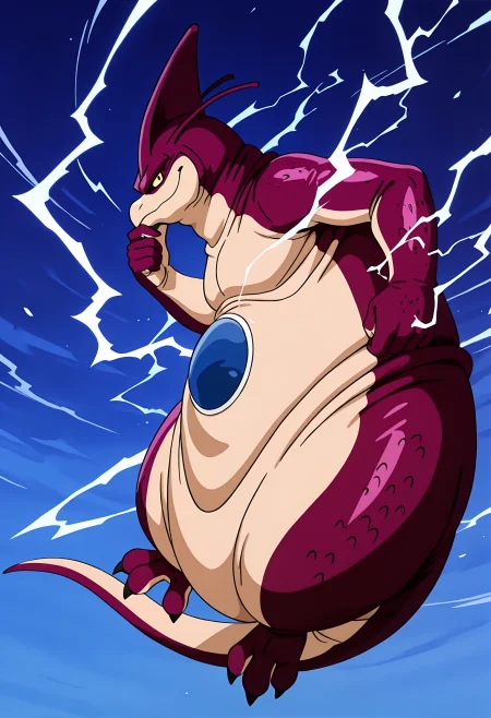 masterpiece, ultra-detailed, best quality, newest, absurdres, anime screenshot, shaded, fully rendered BREAK, rageshenron, small, male, belly fold, skin folds, leg raised, tail, thick thighs, 3 toes, 3 digits, BREAK, hand on chin, snob, smirk, looking at viewer, close view, side view, levitating subject, BREAK, wide white lightning aura, white lightning, full body, abstract blue background, solo,<lora:Rage_Shenron_Illustrious:1>