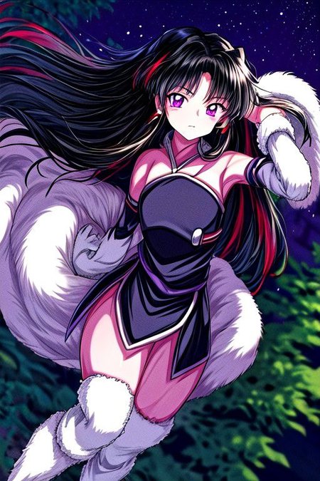 masterpiece,  best quality 1girl Setsun4 solo long hair,  (night time) forest background black hair very long hair purple eyes multicolored hair armor (fur trim) (medium body),<lora:EMS-179-EMS:0.800000>,<lora:EMS-293862-EMS:0.800000> cleavage, bracers, cape, fur boots