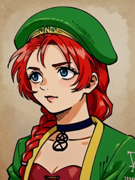 <lora:Ryoko_Kui_Portaits-PonyXL-1024px:0.9>,1girl,solo,portrait,WendyRyan, PF2Outfit, 1girl, solo focus, Green Cropped Jacket, Green Beret, BREAK choker, red pantyhose, red corset, skirt, twin braided ponytail, choker,<lora:WendyRyan_SDXL-000005:1.0>