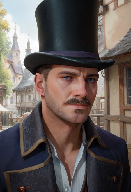score_9, score_8_up, vest, top hat, coat, mustache, facial hair, white shirt, blue eyes, VictorRookwood, portrait, looking at viewer, old english town, smirk, Expressiveh,