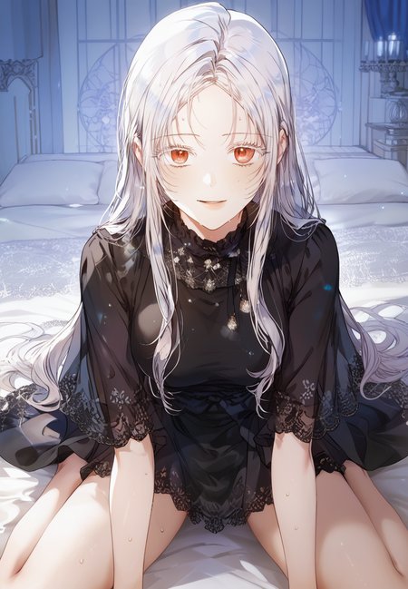 zPDXL3, score_9_up, score_8_up, score_7_up, (Anime_source),Masterpiece,(perfect female body:1.2), small waist,(incredibly detailed:1.4), slim, beautiful fingers, beautiful white skin, Beautiful clear skin, (big breasts:1.2) (thick thighs:1.2), parted lips, kneeling in bed, sweat, looking at viewer,  big breasts,  <lora:Fiona_Green_-_Author_of_My_Own_Destiny_-_PONY-Kaleid:1> fiona green, 1girl, silver hair, long hair, red eyes, bangs, white eyeslashes, smile, (facing viewer:1.6) from above, legs apart, whole body, (knees up:1.2) ass, perfect ass, black dress,
