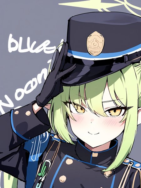 1girl,nozomi \(blue archive\), blue archive, solo, long hair, hat, green hair, pointy ears, halo, yellow eyes, peaked cap, jacket, black gloves, hand on own hip, closed mouth, hair over one eye, looking at viewer, brown necktie, large breasts, eyes visible through hair, smile, long sleeves, side ponytail, gloves, upper body, light green hair, character name, necktie, breasts, english text, blush, black headwear, white jacket,
masterpiece,best quality,  newest, absurdres, safe   <lora:eps_twin_fp8-000028:1>