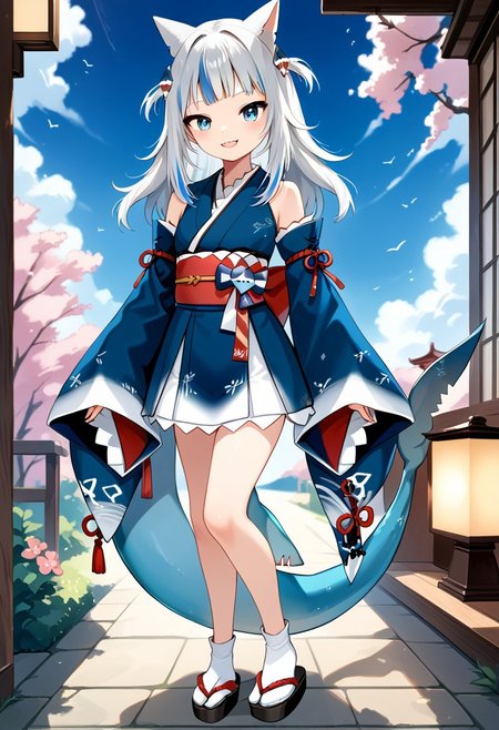 score_9, score_8_up, score_7_up, source_anime, beautiful detailed face, BREAK, GAWR GURA, 
1girl, solo, looking at viewer, blush, smile, bangs, blue eyes,hair ornament, blue hair, tail, full body, grey hair, multicolored hair, detached sleeves, japanese clothes, virtual youtuber, kimono, two side up, streaked hair, sleeves past wrists, obi, sandals, tabi, fish tail, shark tail, shark girl, gawr gura