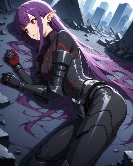 (black armor:1.50), 
sl-esil, red eyes, purple hair, blunt bangs, ear rings, ear piercings
medium breasts, 1girl, (solo:0.60), (skinny:0.8),
(masterpiece, highres, ultra-detailed,very aesthetic, best quality, absurdres, high quality, highres), 
in heat,
on side,
(:1.40), 
BREAK,
city rubble,
,
long hair sidelocks
<lora:sl-esil-V03-illXL-000003:0.80>