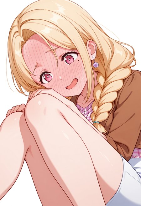 masterpiece,high quality details, absurdres,
 <lora:Yuriko:0.8>
yuriko_cnr, 1girl, blonde hair, long hair, single braid, pink eyes, mole, mole under eye,earrings,mature female,, simple background, white background, sideways,solo,, scared,full-face blush,, ^o^,, legs bent mid-air,forehead resting on knees,one hand on the ground,, cropped jacket ,plaid shirt,pencil skirt, ,var-legwear,