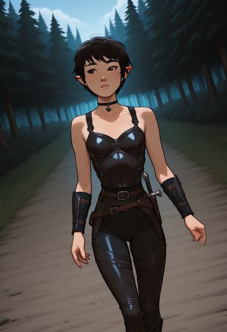 masterpiece,best quality,amazing quality,newest, absurdres, highres, detailed eyes, beautiful, perfect eyes, finely detailed face, very aesthetic, anime coloring, anime screencap, incoth, (incase:0.6), (depth of field)
1girl,  
KimmyDKov, short hair, black hair, brown eyes, slim, small breasts, 
black choker, leather armor,  (pointy ears:1.2)
walking on the street, dynamic pose, dutch angle,
outdoor, medieval setting, forest,