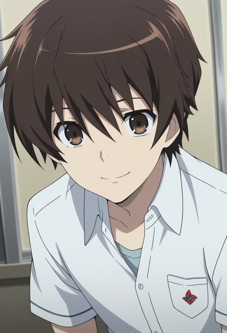 masterpiece,best quality,amazing quality, source_anime,
KoichiSakakibara, 1boy, male focus, solo, brown eyes, brown hair, school uniform, shirt, white shirt, collared shirt, short sleeves, smile,