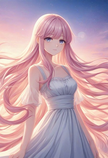 in the style of (suisaifu), Anime-style portrait of a 25-year-old woman with soft, delicate features, long flowing hair gently tousled by the breeze, wearing a light lilac sun dress that sways softly. She sits in a serene, pastel-colored meadow under a glowing sky at golden hour, surrounded by softly blurred wildflowers. The lighting is dreamy and warm, with soft focus and subtle lens flare. Her eyes are gentle and reflective, capturing a quiet moment of peace. The entire scene has a hazy, watercolor-like texture, with a light bokeh effect in the background, soft,  style of suisaifu