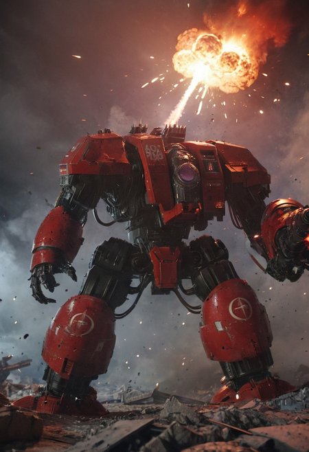 cyberpunk, Hyperdetailed, Omnipresent, Beautiful, , otherworldly,score_9, score_8_up, score_7_up, depth of field, detailed, solo, high resolution, 8k,a four meter tall red drdnght machine with rocket launcher and flamethrower walks across an ruined space station searching for enemies, rockets streak across space and explode in blooming fireballs, Battlefield landscape background,volumetric cinematic lighting,highly detailed armor,, (masterpiece), (realistic), 8k, RAW photo, octane render, volumetrics, (film grain, bokeh), Battle background, weapons, fire, explosions,Dynamic Angles: Use dramatic camera angles, like low-angle shots looking up at your protagonist or high-angle shots looking down on them, to create a sense of scale and power. Wide Shots: Employ wide shots to show the full scope of an attack and the surrounding environment, emphasizing its impact. Motion Blur: Apply a motion blur effect to capture the speed and force of an attack, making a scene feel more dynamic and energetic.