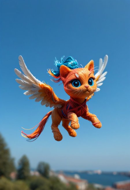 score_9, score_8_up, score_7_up, score_6_up, score_5_up, score_4_up, masterpiece, very aesthetic, absurdres, Tilt shift photography style, photo, a chibi white pegasus cat, floating in air, blue sky, blurry background, neon, wires, made of wires, cables, outlined with wires and neon, neon outlines, wire sculpture, neon wire sculpture,