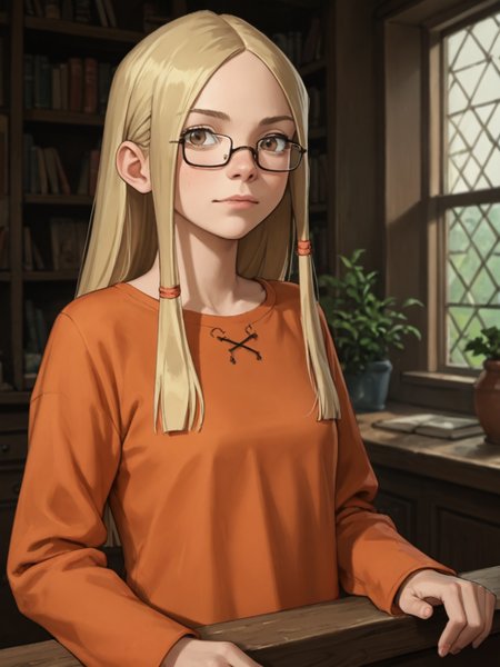 score_9, score_8_up, score_7_up,  score_6_up, BREAK, Gr3taBarrym0re, 1girl, solo, long hair, blonde hair, orange shirt, long sleeves, semi-rimless eyewear, <lora:Greta Barrymore-000009:1>