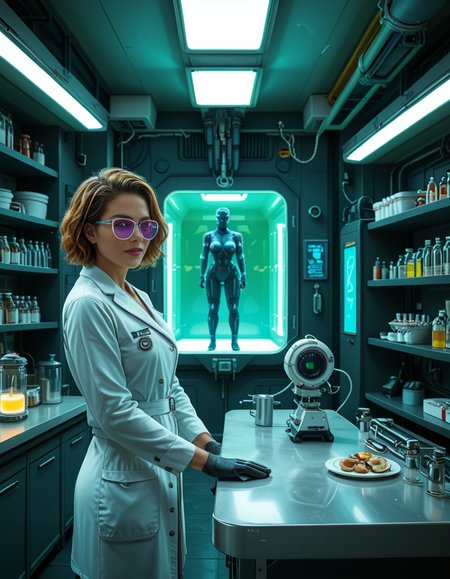 "A hyperrealistic scene of Gordon Freeman in his HEV suit eating lasagna at a retro 90s kitchen table, surrounded by domesticated headcrabs acting like pets, a Vortigaunt washing dishes in an apron, cinematic lighting, absurdity meets realism, surreal textures, intricate kitchen details, nostalgic yet eerie ambiance." looking at viewer,A (woman scientist:1.3),short brown hair, standing confidently in front of a futuristic laboratory,futuristic l4b0r4t0ry, filled with advanced technology and glowing screens. She is wearing a sleek, high-tech lab coat with metallic accents Her posture is upright,gesturing towards a large containment chamber with the other. Inside the chamber, faint outlines of humanoid figures are visible, suggesting the development of super soldiers. The laboratory is illuminated by soft neon lights in shades of blue and green, with detailed machinery, robotic arms, and vials of glowing substances scattered across workstations. The atmosphere is futuristic, clean, and high-tech, with a sense of intense innovation and ambition.<lora:SDXLFaeTastic2400:0.4> <lora:extremely_detailed:0.4> extremely detailed <lora:futuristic_l4b0r4t0ry:1>, Masterpiece,best quality,hi res,8k,hi res,8k,award winning,(sharp focus, intricate, highly detailed),
