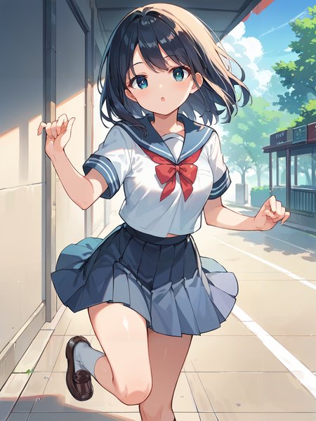 score_9, score_8_up, score_7_up,source_anime, high res image,masterpiece,best quality,(girl:1),cute face,clear skin,shiny hair,ultra detailed eyes,simple background   <lora:girl run_pony_V1.0:0.5> girl run, running,hand up,school uniform, shirt, skirt,shoes,looking at viewer