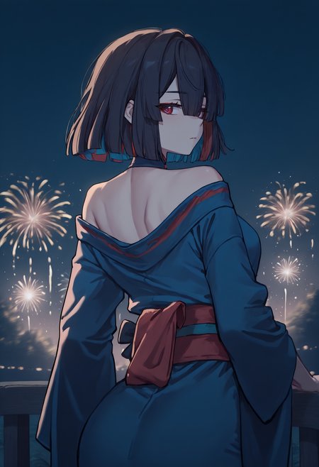 anime, masterpiece, best quality, from behind, solo, 1girl, xu3yi, expressionless, looking back, short hair, colored inner hair, black hair, red hair, blue hair, hair between eyes, red eyes, japanese clothes, blue kimono, off shoulder, red sash, bare shoulders, outdoors, night, fireworks
<segment:yolo-face_yolov8m.pt,0.4,0.5//cid=1>