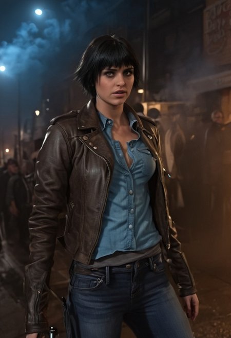 1girl, short hair, baseball cap,  black hair, brown leather biker jacket, blue shirt, jeans, outside, glass, bakery, busy, people, gear, armor, rough, dark, night, fear, dark city, glow, smoke,  <lora:devil_may_cry_xl_3:1>