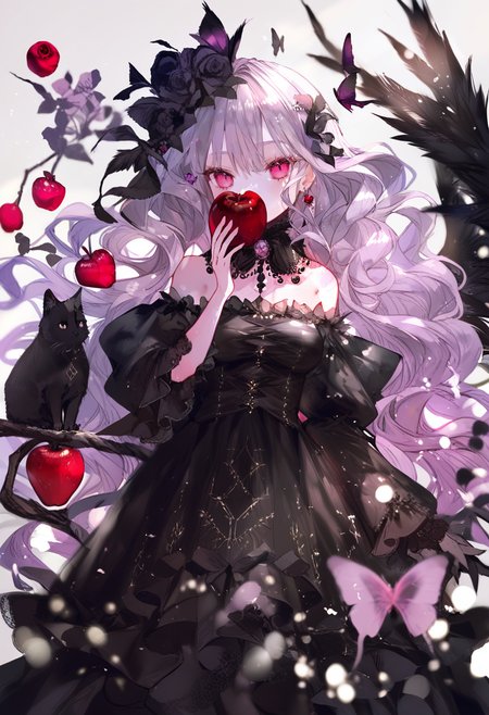 score_9, score_8_up, score_7_up, score_6_up, <lora:oninekoXL_TPN55_lokr_V43P1:0.95>   1girl, food, apple, fruit, dress, solo, long hair, holding fruit, wings, flower, holding food, black dress, holding, rose, cat, butterfly, looking at viewer, bug, black cat, feathered wings, bare shoulders, red eyes, black wings, jewelry, hair flowerta fashion, detached sleeves, hair ornament, long sleeves, animal, black flower, detached collar, breasts, red apple, very long hair, black rose, wavy hair, off shoulder, white flower, purple rose, purple flower, grey hair, covered mouth, pink eyes, earrings, off-shoulder dress, cross, hand up, strapless, puffy sleeves, medium breasts