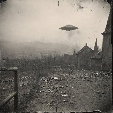 B&W 35mm vintage photo of a UFO in a WW2 picture, destroyed city backdrop