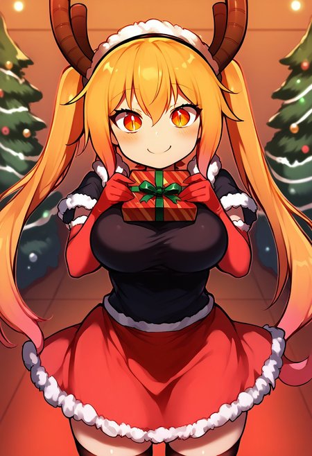 score_9, score_8_up, score_7_up, score_6_up, source_anime, 1girl, solo, mdrgtru, blonde hair, twintails, orange hair, gradient hair, orange eyes, slit pupils, horns, black shirt, red capelet, white trim, fur trim, red skirt, frilled skirt, christmas outfit, red gloves, elbow gloves, black tighhighs, large breasts, indoors, christmas background, looking at you, happy, blush, smile, closed mouth, c4toony style, <lora:incoming-gift-ponyxl-lora-nochekaiser:1>, incoming gift, outstretched arms, holding, holding gift, gift, gift box,