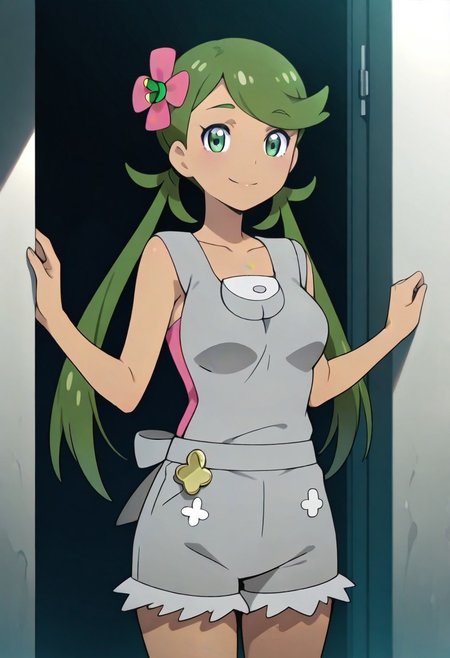 masterpiece, best quality, medium breasts,  BREAK, zzMallow, green hair, green eyes, hair flower, hair ornament, grey overalls, pink shirt, sleeveless, grey shorts, <lora:MallowPokemonIXL_e09:1.0>, smile, looking at viewer, cowboy shot,   <lora:ShoujoRamuneIXL:1.0>,