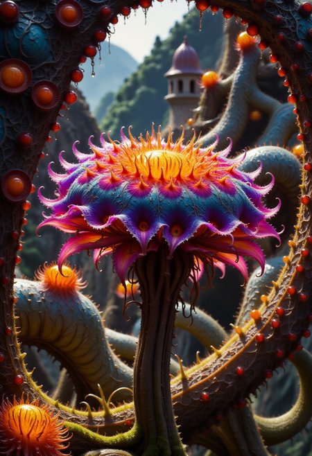 High-resolution realistic photograph of alienplants botanical garden, french renaissance castle in background, fiery orange, deep purple, mint, amber, pulsating