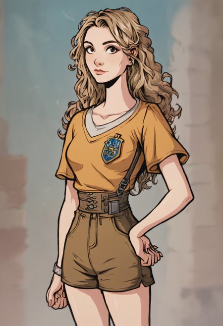 score_9, score_8_up, score_7_up, 1girl, portrait, solo, Twirling with one hand on the hip, vanishing_point, (Brown shorts under skirt), Light Brown hair, cowboy_shot, rating_safe, <lora:pony\artist_styles\akabur_pony:1.0>