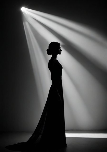 gorgeous mysterious woman, beautiful lighting, composition, framing, Silhouette Art, high contrast, well defined, Silhouette Art,