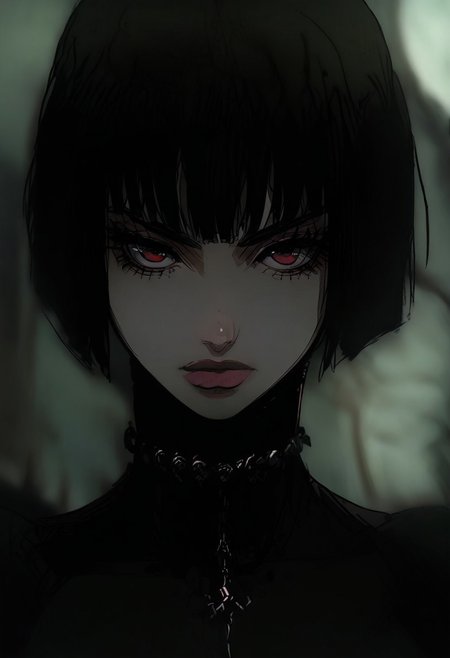 gthan, 1girl, solo, short hair, black hair, jewelry, looking at viewer, necklace, cross, portrait, bangs, red eyes, closed mouth, turtleneck, blurry background, cross necklace, lips, piercing, blurry, bob cut, eyelashes, k4l1s4m111