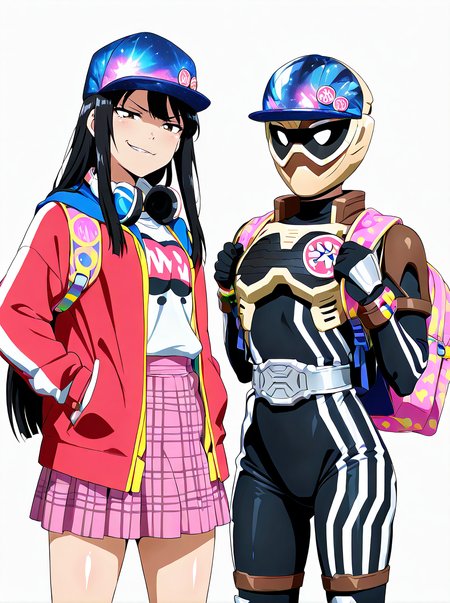 masterpiece, best quality, amazing quality, very aesthetic, absurdres, newest,shiny skin  anime screenshot,  anime coloring,   2girls side-by-side,  simple background,  white background, 
BREAK <lora:SaibaNicoILL:1>saibanico, 1girl, , black hair, jacket, hat, headphones, long hair, headphones around neck, skirt, baseball cap, shirt ,  smirk smug, 
BREAK <lora:RidePLayerILL:1>rideplayer, 1girl, female focus, , helmet, mask, bodysuit, belt, hat, bag, backpack