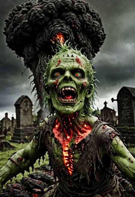 wide-angle shot of green DEVIL SPAWN, screaming at the air, surrounded by lava, glowing red ambers <OverallDetail:1.2>