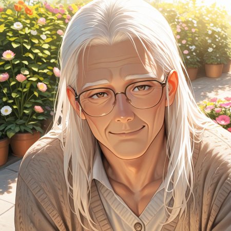 masterpiece, best quality, amazing quality, absurdres, newest, detailed background, definition so sharp, Ultra-HD, 8K cinematic, very awa, impressionate, amazing quality, highres, 
solo, male focus, manly, 
daikakukokujouji, lieutenant_white hair, lieutenant_brown eyes, 1boy, old man, looking at viewer, warm smile, long hair,wearing glasses \(on nose\), casual clothing, cardigan, outdoor setting, blooming garden, sunlight, peaceful, kind, approachable, comforting, joyful, grandfatherly
