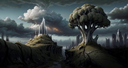 early duskspringtime
<lora:philipp_urlich:0.80> outdoors, scenery, cloud, no humans, cloudy sky, tree, landscape, mountain,
<lora:Wasteland:0.65> Wasteland, the, and, with, wasteland, background, (white futuristic (overgrown) city ruins) , art by Naoki Urasawa, wallpaper art of a Large ("The Brain of Mediterranean":1.3) , shallow depth of field, Depth of field 100mm, science fiction