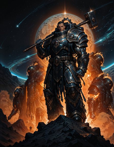 masterpiece, best quality,high quality, newest, highres,8K,HDR,absurdres, iLLFerrusM40k, 1boy, metallic arms, armor, holding a hammer, on the moon, space,  <lora:iLLFerrusM40k:1> <lora:iLLMythG0thicL1nes:0.8> G0thicL1nes