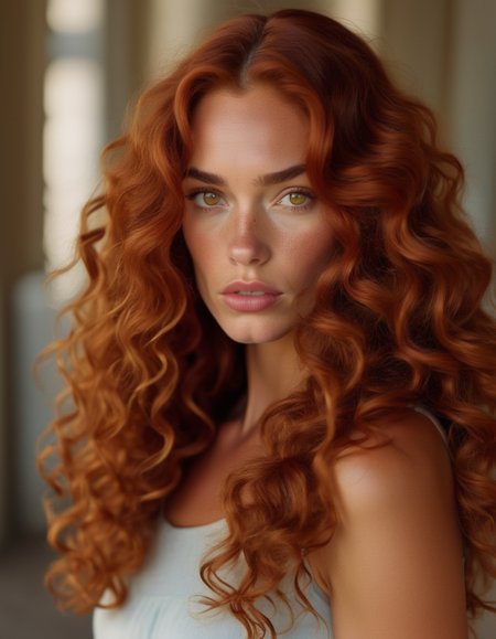 A close-up of a model with long, curly auburn hair, her hazel eyes reflecting a quiet strength, her expression serious and composed. <lora:usual-portrait-v2:1>