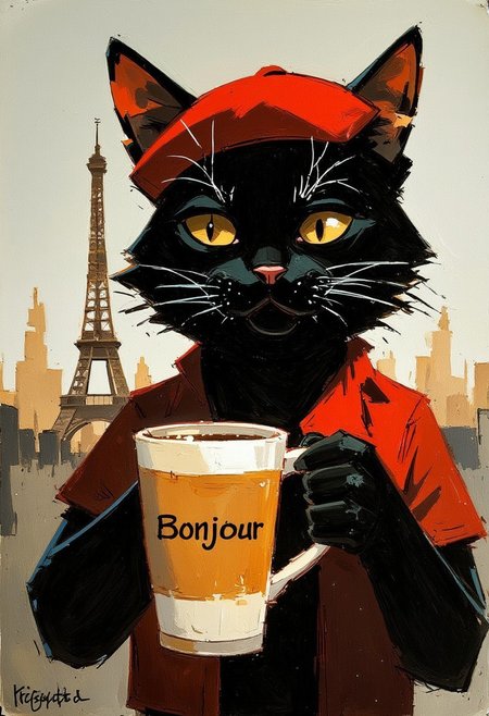 Oil painting by Frank Frazetta. An antrophomorphic black cat with a beret and a pencil mustache, holding a cup of espresso. Eiffel tower in the background. Text "Bonjour"