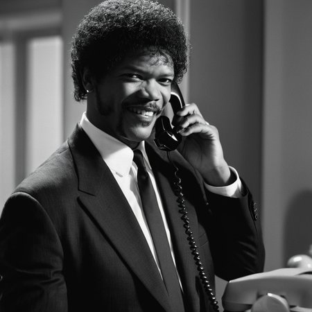 cinematic film still of  <lora:Pulp Fiction style:1>
Jules Winnfield a man in a suit talking on a classic corded telephone,solo,smile,shirt,1boy,holding,jacket,monochrome,upper body,greyscale,male focus,necktie,teeth,collared shirt,hand up,dark skin,facial hair,phone,formal,dark-skinned male,cellphone,suit,afro,talking on phone , 1990's, 90's, film, cinematic, crime and violence, classic, graphic violence, Kodak film, motion picture image,Pulp Fiction style, Pulp Fiction Film style, shallow depth of field, vignette, highly detailed, high budget, bokeh, cinemascope, moody, epic, gorgeous, film grain, grainy